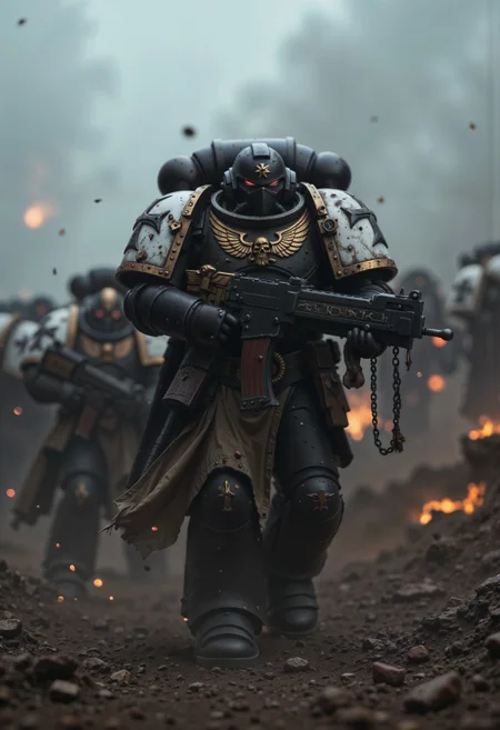 BlackT40k, large space marine walking in a battlefield with an army behind him, <lora:FluxBlackT40k:1>