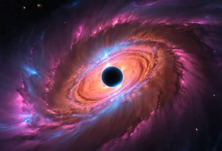 a dynamic and breathtaking image of the universe with vibrant colors and dramatic lighting. Show a swirling nebula in the foreground with bright, intense hues of blue, purple, and pink. In the background, depict a distant galaxy with spiraling arms and scattered stars. Include a supernova explosion, radiating brilliant light, and a mesmerizing black hole at the center, with cosmic debris swirling around it. Add a hint of distant planets and asteroids to create a sense of scale and depth. Make the entire scene feel alive and constantly in motion.