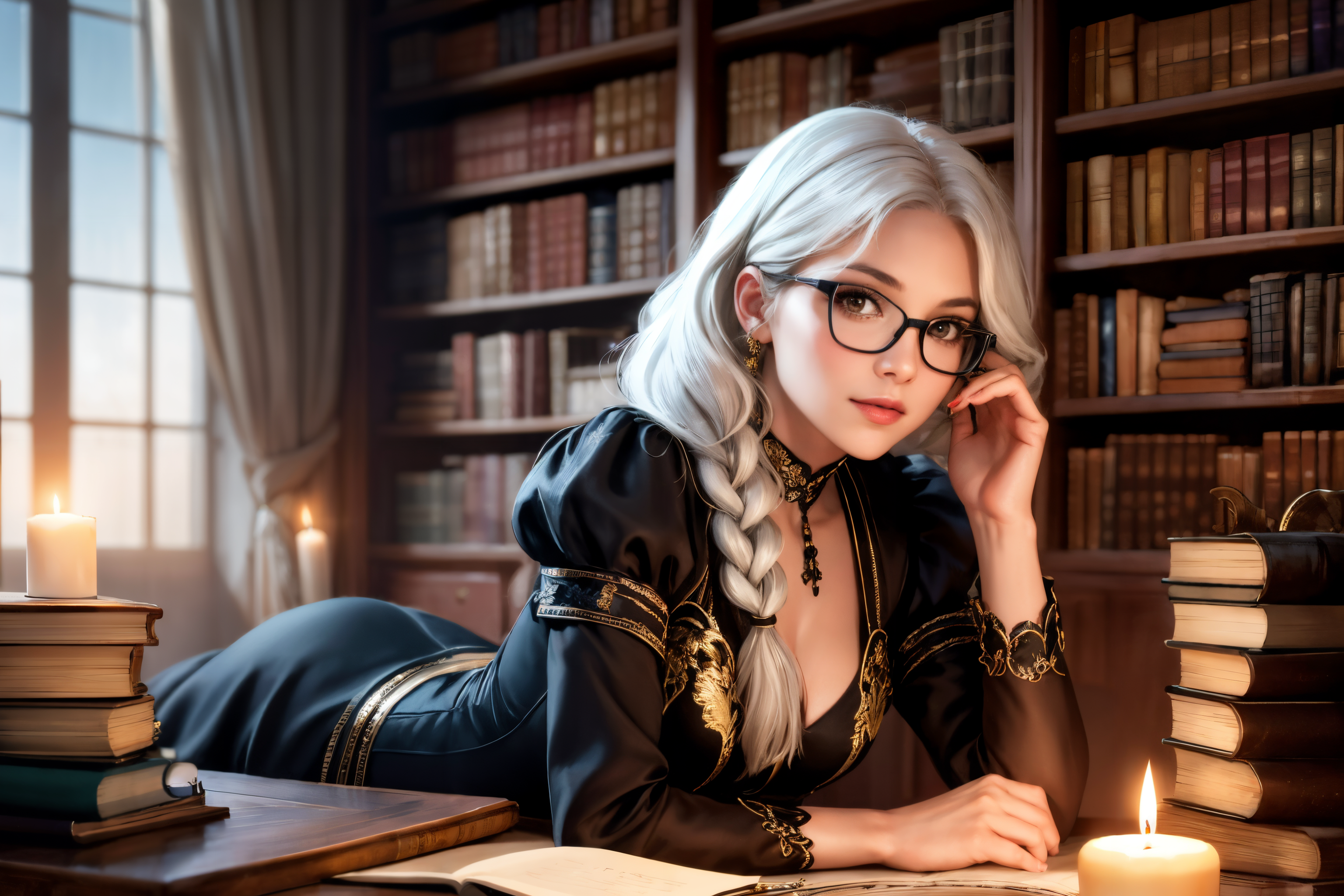 (masterpiece), (best quality), 1girl, from front, playful, looking at viewer, long white hair, small braids, glasses, black fantasy dress, gold embroiderie, <lora:FantasyStudy:0.7> fanstu, lying on a table, study, books, shelves, candles, air dust, dark shadows, light bloom, photorealistic