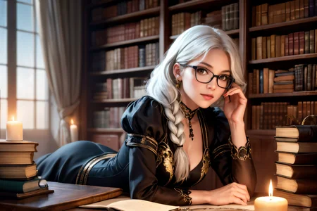 (masterpiece), (best quality), 1girl, from front, playful, looking at viewer, long white hair, small braids, glasses, black fantasy dress, gold embroiderie, <lora:FantasyStudy:0.7> fanstu, lying on a table, study, books, shelves, candles, air dust, dark shadows, light bloom, photorealistic