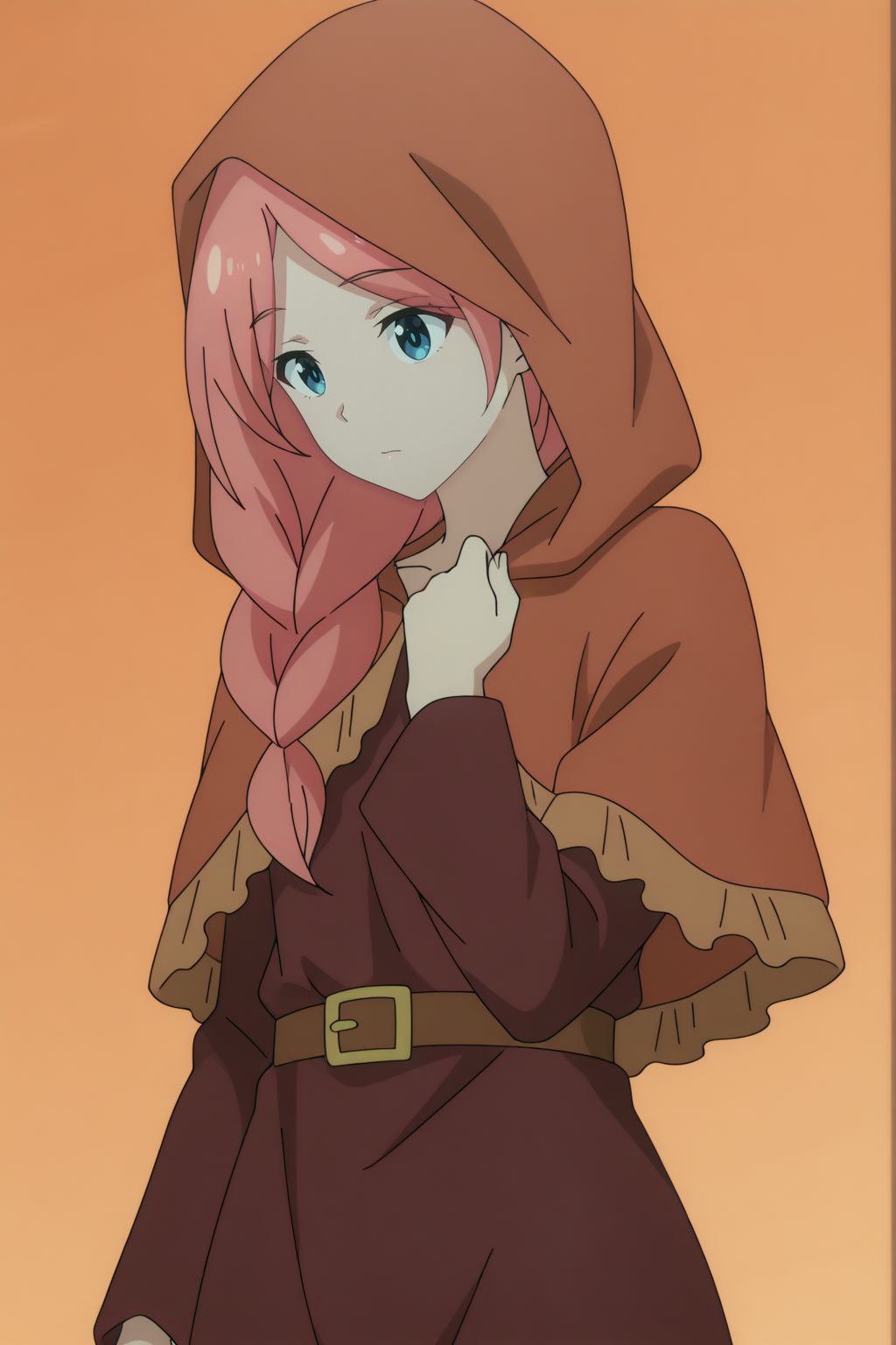 newest, dynamic pose, Shoujo no Haha,  long hair, single braid, dress, hair over shoulder, hood up <lora:Konosuba_Bakuen_-_Travel_Shoujo_-_illustrious:0.8>
