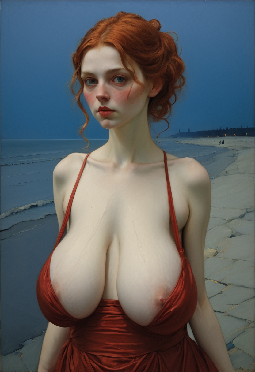 sagging breasts, red evening dress, girl, party, fairytale, blue hour, social realism, alyssa monks, annie swynnerton  <lora:sagging-v1.3:1>