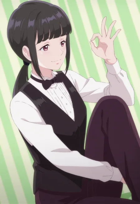 anime screencap, anime coloring, 1girl,  solo,   <lora:DX888AoiIL:1>kamimachi aoi, red eyes,  black hair, low ponytail, blunt bangs, bowtie, white shirt, black vest, waist apron, pants  BREAK green background, striped background, BREAK dutch angle,  from side, dynamic pose, posing,  smile,   ok sign, hugging own legs, sitting,