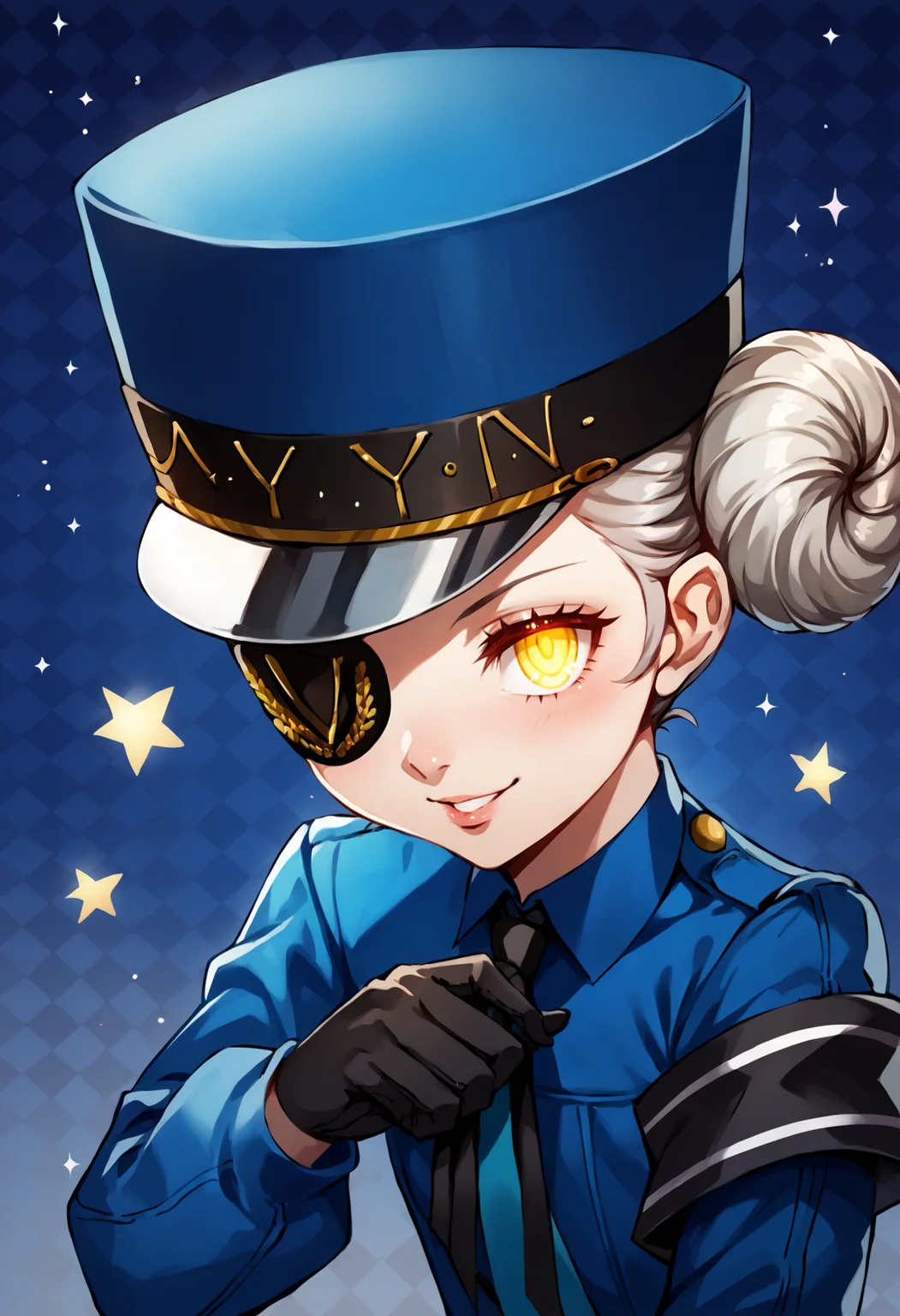 score_9, score_7_up, score_6_up, source_anime, uncensored, zPDXLxxx, <lora:intricate_details:0.5> intricate_details_xl, gradient background, (star:1.4) argyle background, pov, cowboy shot, soft focus
<lora:Persona5_Justine_Caroline_v1.0:1> CarolineP5, caroline (persona 5), official outfit, 1girl, yellow eyes, glowing eyes, narrowed eyes, solo, gloves, hat, hair bun, double bun, short hair, eyepatch, black gloves, necktie, upper body, long sleeves, blue headwear, looking at viewer, shirt, grey hair, armband, blue shirt, black skirt, wing collar, sly smile, squatting, sparkle
