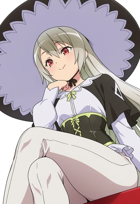 Smooth Quality,masterpiece,very intricate, high quality details, ultra realistic, high detailed skin,detailed enviorement,absurdres,
hand on headwear,
<lora:Ange_Maidena_CNR:0.8> ange_cnr, 1girl, grey hair, red eyes, long hair,, simple background, white background, from below,
sitting, legs crossed, hand on chin, smiling, relaxed, ,, :>=,, gothic blouse, ,corset top, ,pants,,