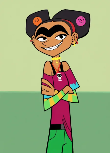 frida, 1girl, unibrow, red headband, jewelry, earrings, double_bun, black hair, hair bobbles, solo,grin, print shirt, black eyes, cross necklace, smile, piercing, green pants, off shoulder, score_9, score_8_up, score_7_up, score_6_up, score_5_up, score_4_up, looking at viewer, cowboy shot, <lora:FridaCHPony1.0:1> crossed arms,