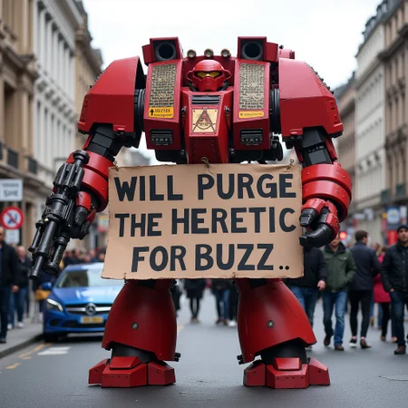 A huge red space marine dreadnought stands on a busy street holding a huge sign which reads "WILL PURGE THE HERETIC FOR BUZZ"