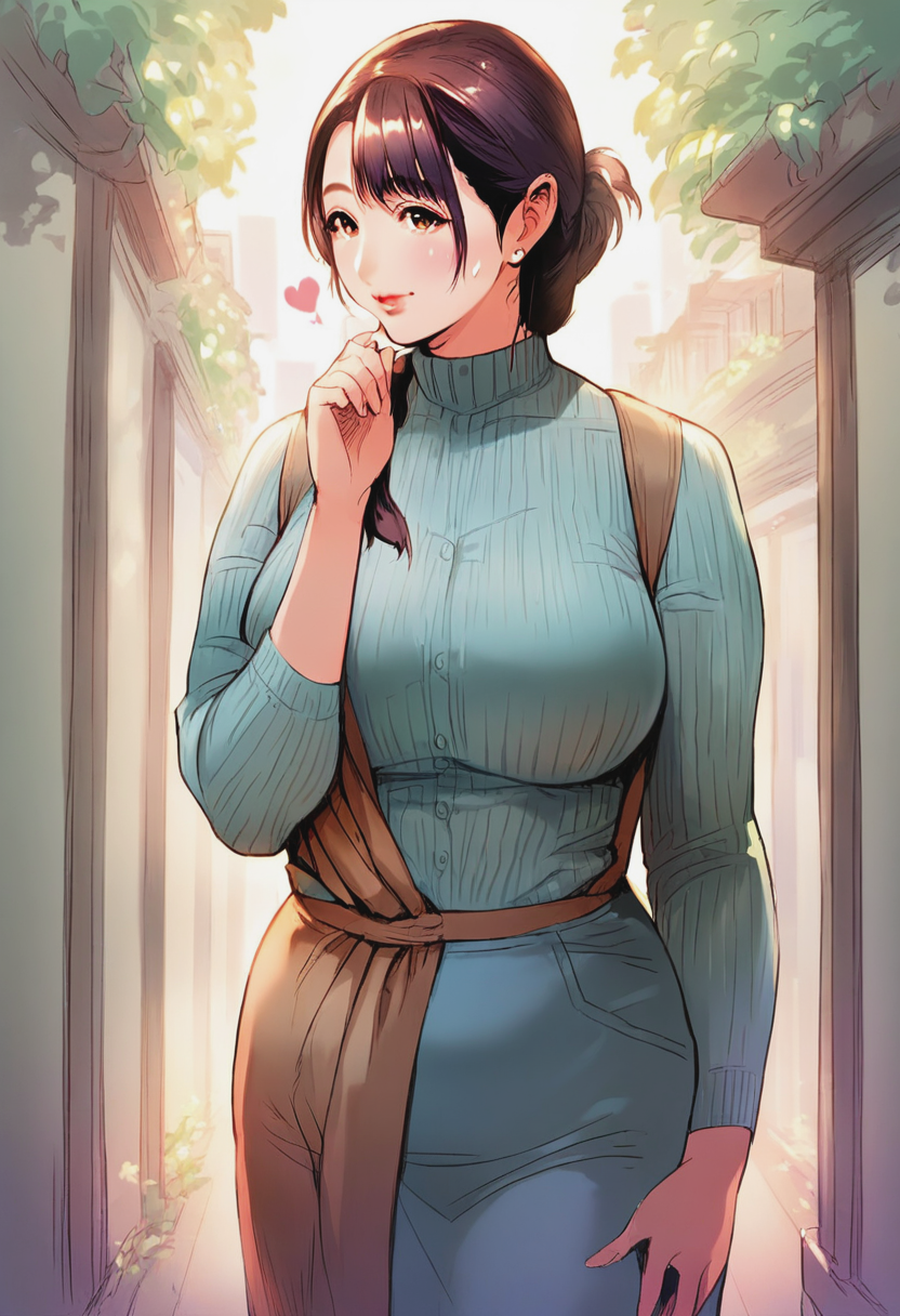source_anime, score_9, score_8_up, score_7_up, 1girl, mature_female, solo, Standing with one hand over the heart, vanishing point, face, rating_safe, <lora:sdxl\pony diffusion\artist_styles\hyji_pony:1.0>
