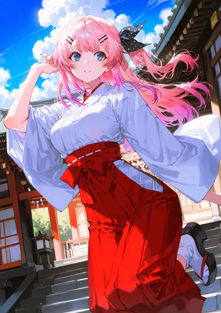 zPDXL3 Real score_9, score_8_up, score_7_up, score_6_up source_anime, highly detailed, sharp, intricate details, rating_safe rating_sensitive, rating_explicit, masterpiece, best quality, good quality, bright eyes light particles lens flare amazing quality, very aesthetic, very awa, absurdres, newest,
<lora:yoneyamaiXLNBVP1lokrV6311PZ:0.5>, <lora:96YOTTEA-WAI:0.5>
<lora:nhl-001:0.4> nhl-001 film grain multicolored background <lora:ponyv4_noob1_2_adamW:0.4>
medium breasts, dynamic pose, dynamic angle,
optical illusion, ssambatea, quasarcake, Fishine, arutera, soresaki, reoen, sanbonzakura, askzy, negative space, see-through, made of, neon light, detailed background,
niji-meruto,large breasts,blue eyes,pink hair,gradient hair,side ponytail,single side ponytail,hairclip,hair ribbon,black ribbon,polka dots ribbon,
miko, japanese clothes, obi, outdoors, japanese temple, shrine, cloudy sky, socks footwear
<lora:niji-meruto:0.7>