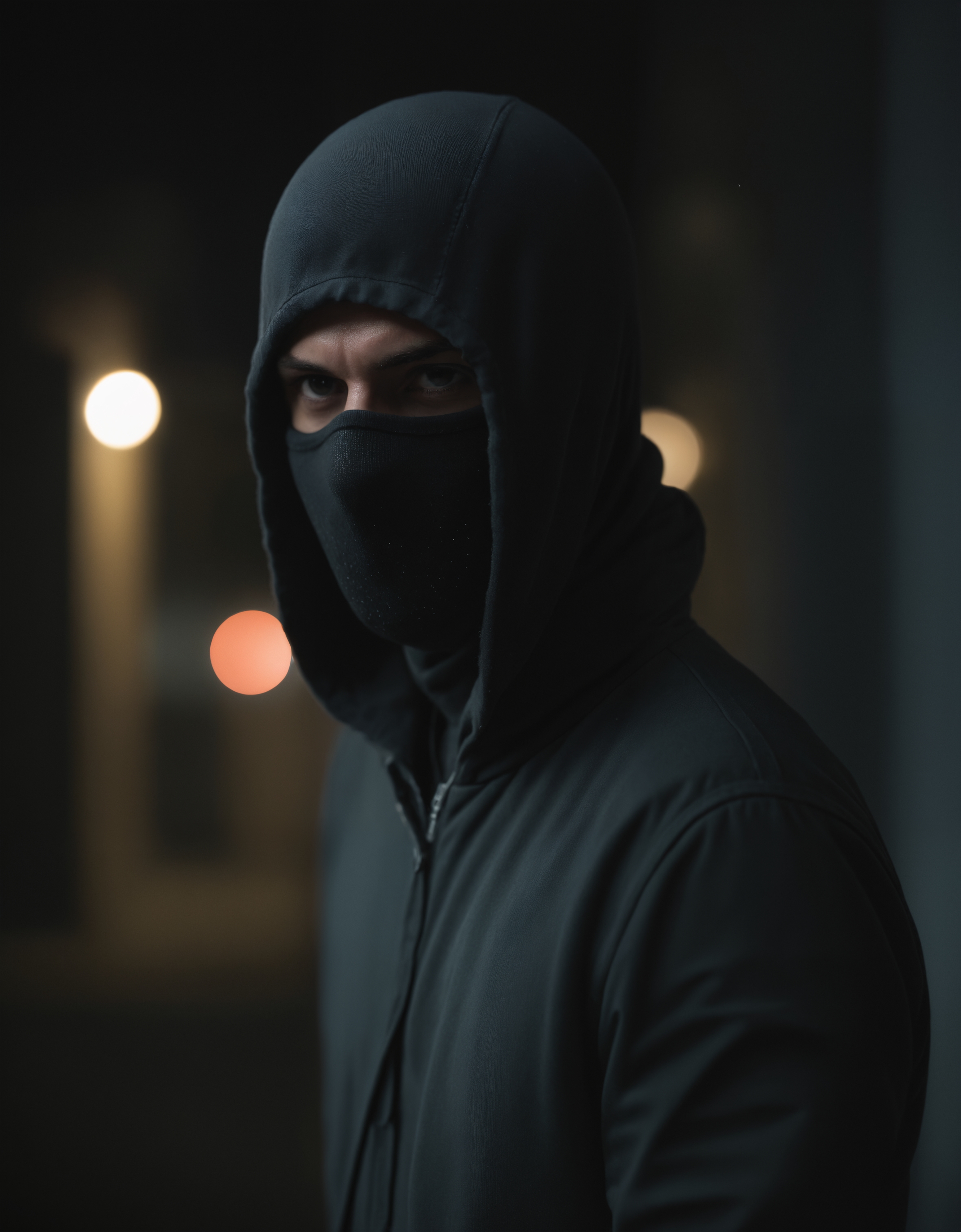 award winning photo of a robber wearing a balaclava at night in a dark alley, atmospheric haze, dynamic lighting, cinematic still, movie screencap, portrait, dynamic pose, zavy-cnmtc