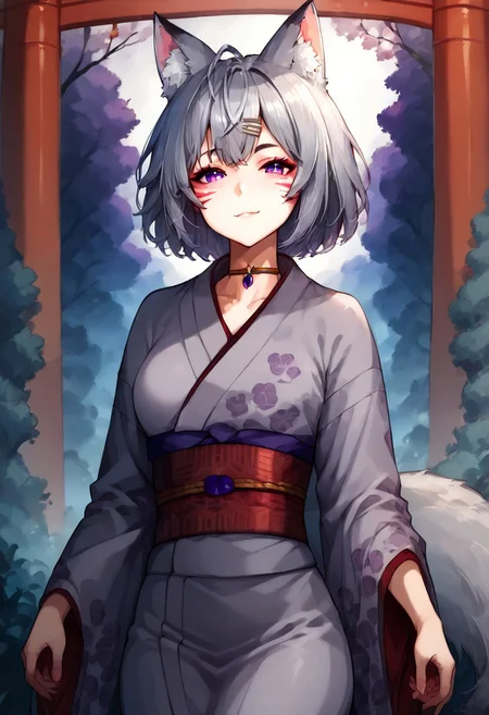 score_9, score_8_up, score_7_up, score_6_up, score_5_up, score_4_up, masterpiece, high quality,FlipsieVT, 1girl,fox girl, animal ears, virtual youtuber,fox tail,animal ear fluff,animal ears, fox ears, short hair, grey hair, purple eyes, hair ornament,facial mark,japanese clothes, kimono, sash,obi,torii,Kluclew_Art,dynamic poses