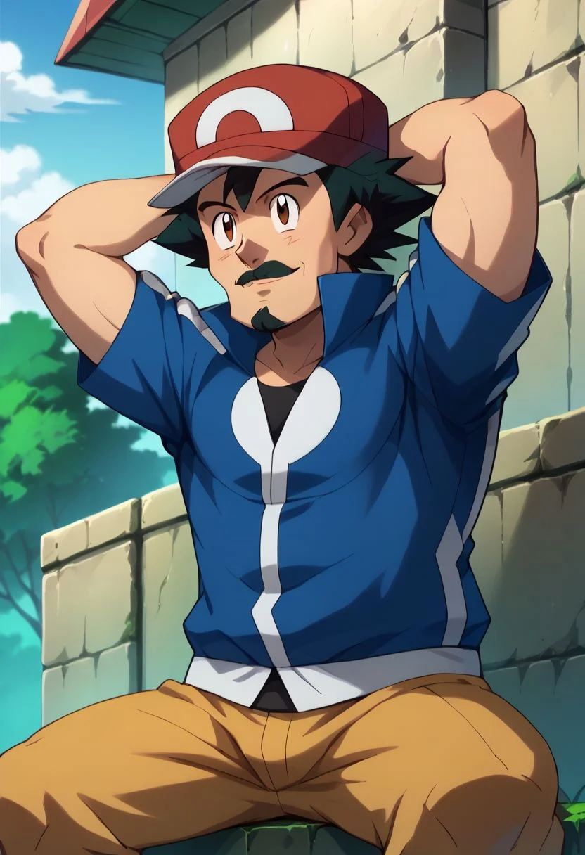score_9, score_8_up, score_7_up, source_anime, highly detailed, 1boy, solo, male_focused,
ash_ketchum, hat, brown eyes, black hair, messy hair, baseball cap, outdoors, jacket, closed mouth, shirt, blue jacket, a
sitting, big smile, teeth, manly, hands behind head, ((ash_ketchum with an epic beard and mustache)), epic black beard, epic black mustache, handsomize, muscular, <lora:brdanmu_beard_mustache_hair_V2.0:8>