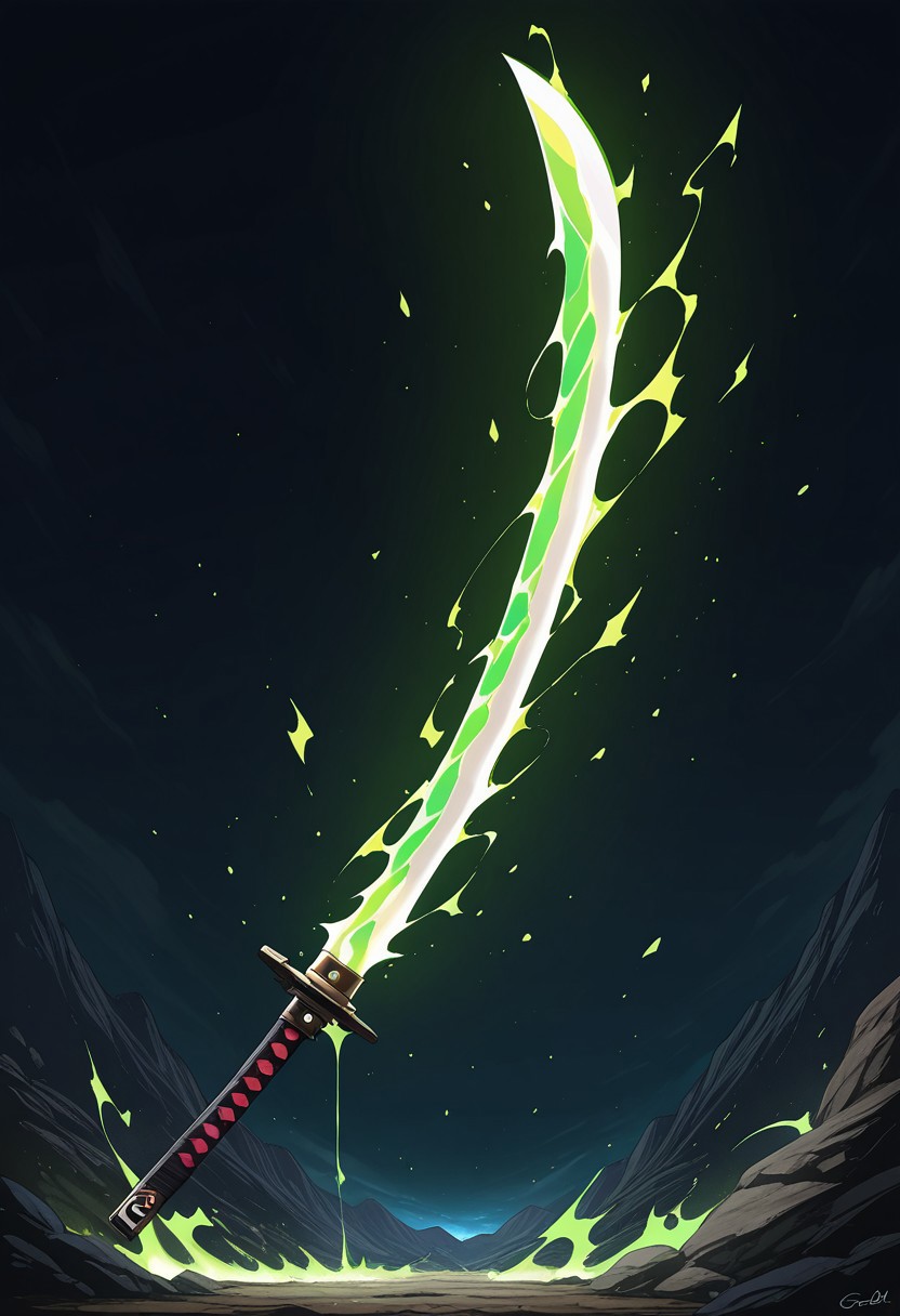 MASTERPIECE, AMAZING QUALITY, NO HUMANS, G0DSW0RD, ENERGY KATANA, JAGGED BLADE, GREEN ENERGY