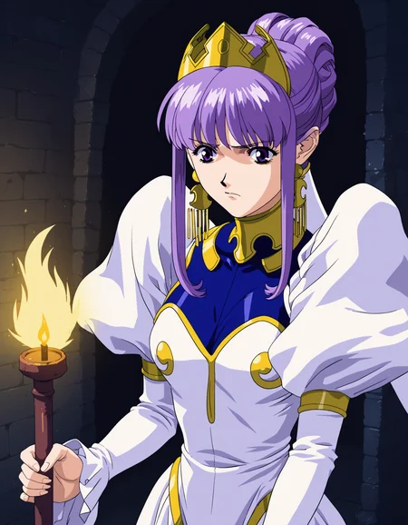 score_9,  score_8_up, score_7_up 1girl, solo, julietta, purple eyes, crown, white dress, puffy sleeves,
worried, looking at viewer, holding torch, dim lighting, dungeon,
<lora:julietta-ponyxl-000053:0.75> retro artstyle