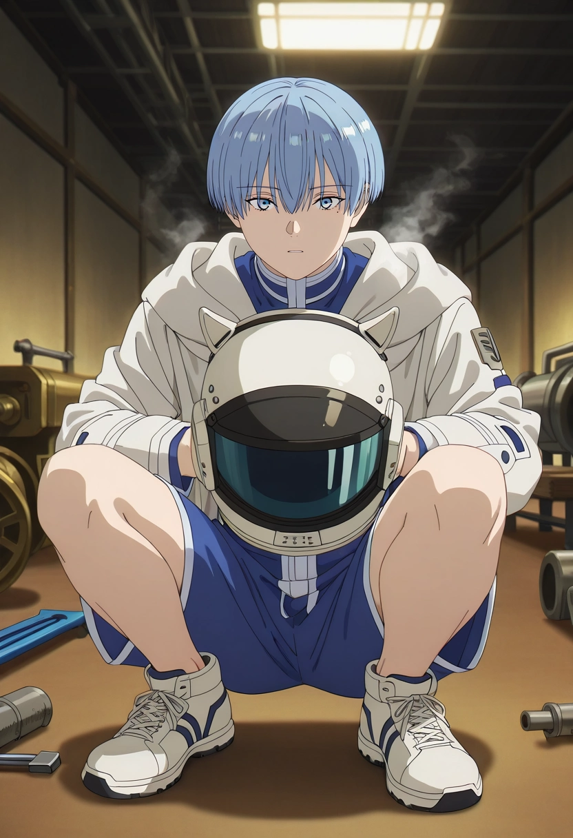 masterpiece, best quality, , anime screencap, , official style, looking at viewer, , 1boy, solo, male focus, <lora:himmel_sousou_no_frieren_ilxl:1>, himmel_sousou_no_frieren, blue hair, blue eyes, short hair, bangs, hair between eyes, mole under eye, steam workshop, gear benches, pipe tools, pressure gauges, crafting pose, focused expression, industrial lighting, Damask Rosewood Cargo swim trunks, Terry cloth Brocade Graphic long-sleeve shirt, Chukka sneakers, Astronaut helmet,