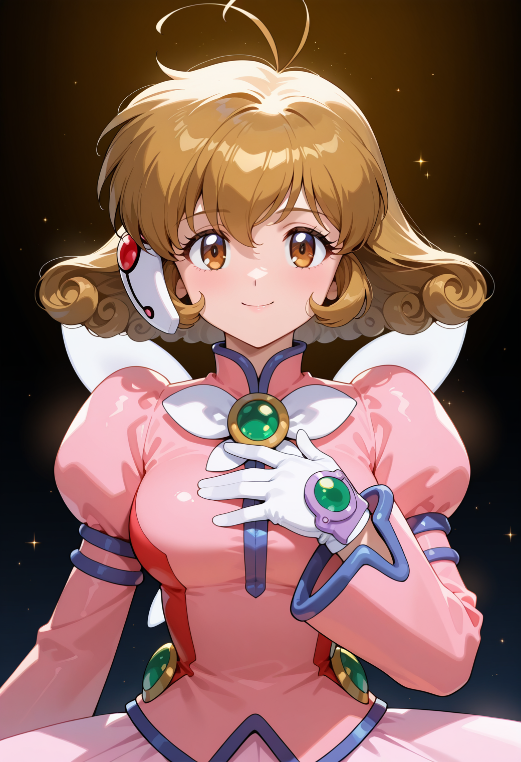 masterpiece, best quality, very aesthetic, absurdres, 1girl, solo,
<lora:corrector_yui_fairy_v01:1.0>, corrector_yui, fairy_element_suit, brown hair, short hair, antenna hair, curly hair, breasts,
magical girl, single headset, pink dress, long sleeves, puffy sleeves, wings, brooch, white gloves, pink miniskirt, hand on own chest, smile, upper body