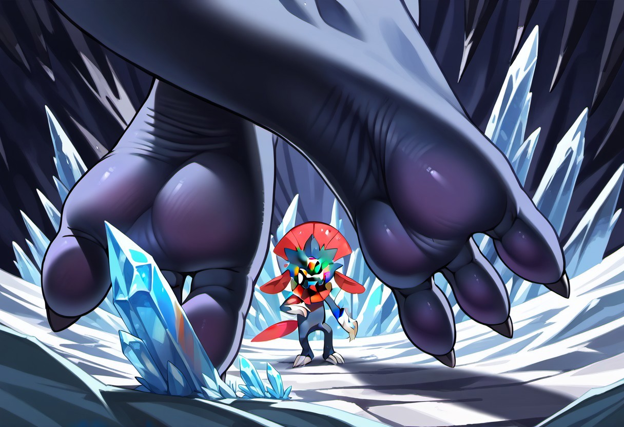 Weavile, pokemon (creature), barefoot, dark feet, 3 toes, standing, foot focus, close-up, ice cave