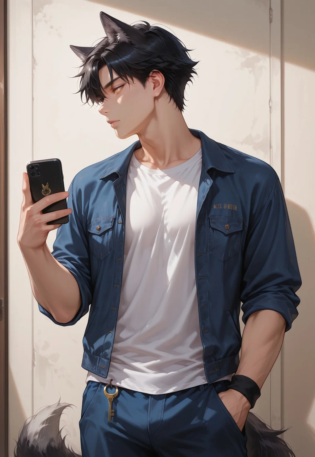 masterpiece, amazing quality, very aesthetic, absurdres, extremely detailed, newest, realistic, (high quality:1.2), (best quality:1.2), 1boy, solo, Ak3ru, kemonomimi, wolf boy, black hair, amber eyes, detailed eyes, wolf tail, short hair, standing, casual, open jacket, t-shirt, one hand in pocket, visual novel style, cowboy shot, smartphone, wristband, key chain, focused, profile view, rating:safe, sfw