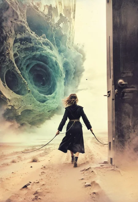 Dutch Angle, Action Shot Closeup Portrait, low key toned, bleaked colors, soft shadows, Color-grain photo of a woman with cyborg face partly destructed and cables wires and screws Walking through a vast desolate desert Landscape with to a giant otclillsn black escher door amidst a pellet storm, thein interiour swirling like a spiral staircase into heaven, veiled in a DARK robe resembling a jedi, very detailed, fluffy cloudy Sky, atmospheric haze, Film grain, cinematic film still, shallow depth of field, highly detailed, high budget, cinemascope, moody, epic,