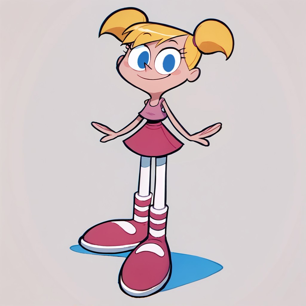 score_9, score_8_up, score_7_up BREAK DeeDeeDL, 1girl, blonde pigtails, blue eyes, pink tank top, pink skirt, white tights, pink ballet shoes, smiling at viewer, solo, solo focus,