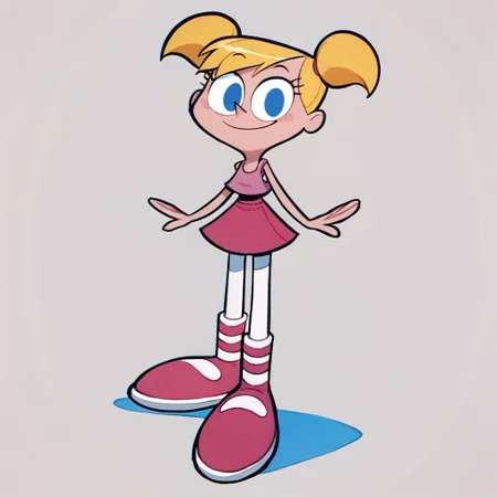 score_9, score_8_up, score_7_up BREAK DeeDeeDL, 1girl, blonde pigtails, blue eyes, pink tank top, pink skirt, white tights, pink ballet shoes, smiling at viewer, solo, solo focus,