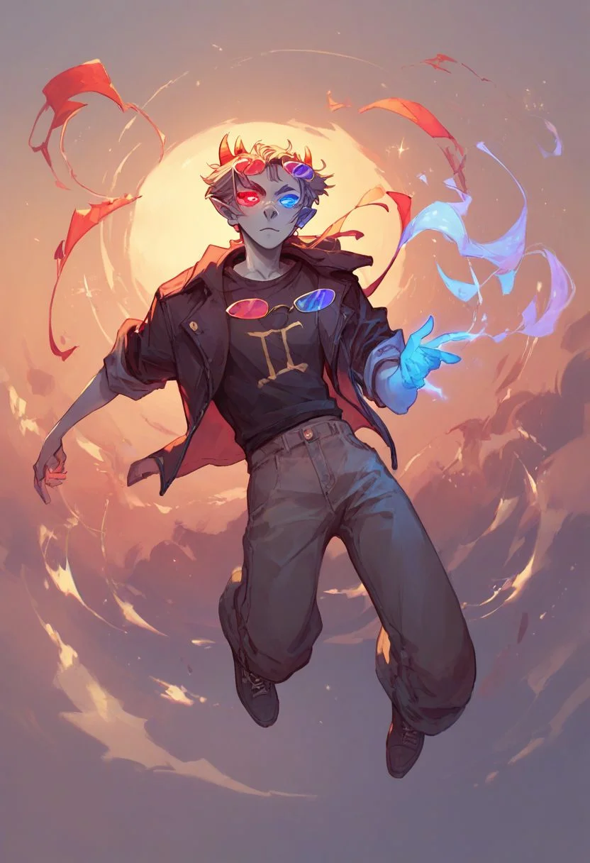 score_9,score_8_up,score_7_up,score_6_up, Sollux Captor, grey skin, four horns, sunglasses, floating in air, sunglasses, red and blue eyes, glowing hands, glowing eyes, red and blue glow