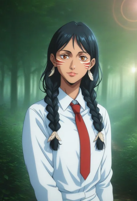 score_9, score_8_up, score_7_up, source_anime, intricate details, anime screencap, perfect balance, official art, extremely detailed CG unity 8k wallpaper, perfect lighting, Colorful, Warm_Front_face_Lighting, (masterpiece:1.0),(best_quality:1.0), ultra high res,4K,ultra-detailed, photography, 8K, HDR, highres, absurdres:1.2, Kodak portra 400, blurry background, bokeh, lens flare, (Anime) (vibrant_color:1.2), professional photograph, night, (cute_face:1.2), 2d, anime, upper body, intricate iris, American, Professional character design, 1girl, female focus, (Orange eyes), perfect eyes, (black-hair), Native American, Indigenous, American Indian, youthful, solo, jujutsu_kaisen_style, character portrait, (perfect-lighting), face, young, (Dark-black-hair), Long hair, (Native American), Indigenous, American Indian, (((wild eyes))), (Native North American), (Upturned eyes), (high cheekbones), (strong jawline), (Black Hair), ((((Native-American-Eagle-feather-braids, Native American Eagle feather accessories)))), (((wild eyes))) ((Bobbed Bangs)) (((Slanted-Eyes))) (Psycho) (Happy) (Friendly) (Goofy) (White Dress Shirt), (Warpaint), (Redwood Forest, Pacific Northwest Forests), (Inuit), (Tan skin), (Dark Skin), (Brown skin), (bobbed hair), White Eagle-Feather-Earrings, Thick Bangs, Bobbed hair, Bob-cut, White-Feather-Earrings, Brown-skin, Inuit Face-paint, Full-Bangs, Wide-Bangs, Thick-Hair, Native Face-paint, White dress shirt, Inuit-patterned Jacket, Necktie