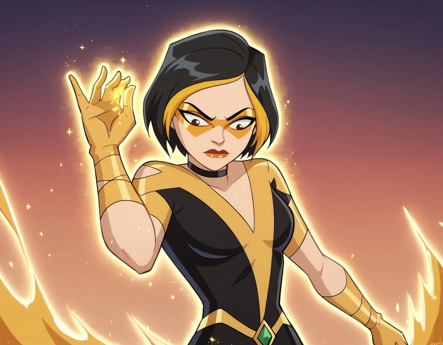 score_9, score_8_up, score_7_up, score_6_up BREAK, g0g1-dh, 1girl, solo, short hair, black hair, gold hair, multicolored hair, choker, domino mask, makeup, lipstick, gloves,black dress,SaltBaeMeme, aura, glowing <lora:SaltBaeMeme_XLPD_CAME:1> <lora:Golden_Glider_Kite_Man_r1:0.7>