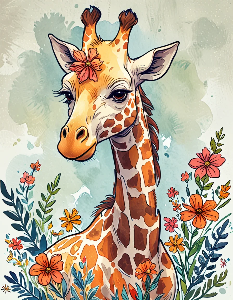 horse giraffe with flowers  <lora:novuschroma43 style:0.75> novuschroma43 style illustration <lora:sdxl_lightning_8step_lora:1>