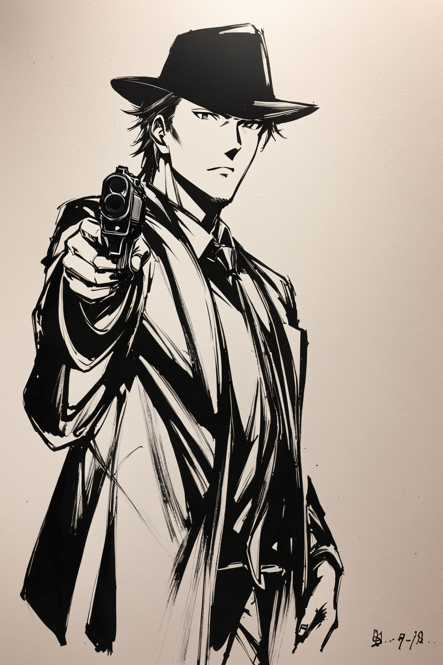 score_9,score_8_up,score_7_up,masterpiece,best quality,
hat,solo,gun,weapon,monochrome,1boy,male focus,fedora,greyscale,traditional media,necktie,handgun,
<lora:okazu_XL_PONY:0.9>,