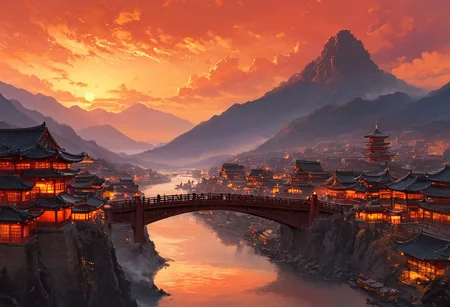 architecture, bridge, building, castle, city, city lights, cityscape, cloud, cloudy sky, dusk, east asian architecture, evening, fantasy, gate, gradient sky, horizon, house,mountain, mountainous horizon, no humans, orange sky, outdoors, pagoda, red sky, river, rooftop, scenery, sky, skyline, skyscraper, smoke, tower, twilight, waterfall, yellow sky,
