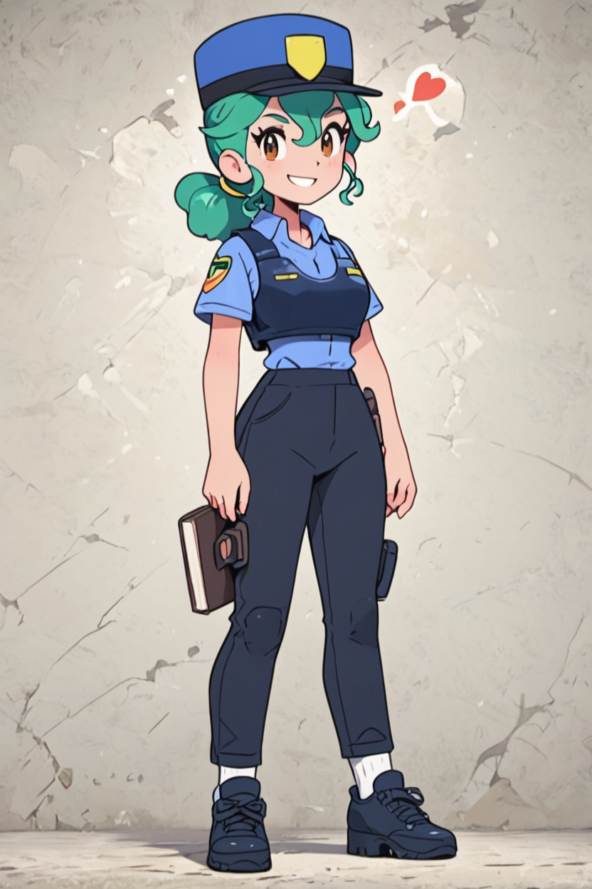 score_9, score_8_up, score_8, medium breasts, (curvy), cute, eyelashes,       ,,, ,  zzJenny, brown eyes, hair between eyes, green hair, long hair, ponytail, short hair, police uniform, policewoman, shirt, police hat, blue shirt, collared shirt, black pants,  <lora:JennySunMoonPDXL:1>, , BREAK, socks, big shoes, ,,, smile, looking at viewer, cowboy shot, ,,, embedding:zPDXL, Expressiveh, ,,, <lora:CuteToonPDXL:0.8>, <lora:SDXLFaeTastic2400:0.5>, <lora:Expressive_H-000001:0.4>,