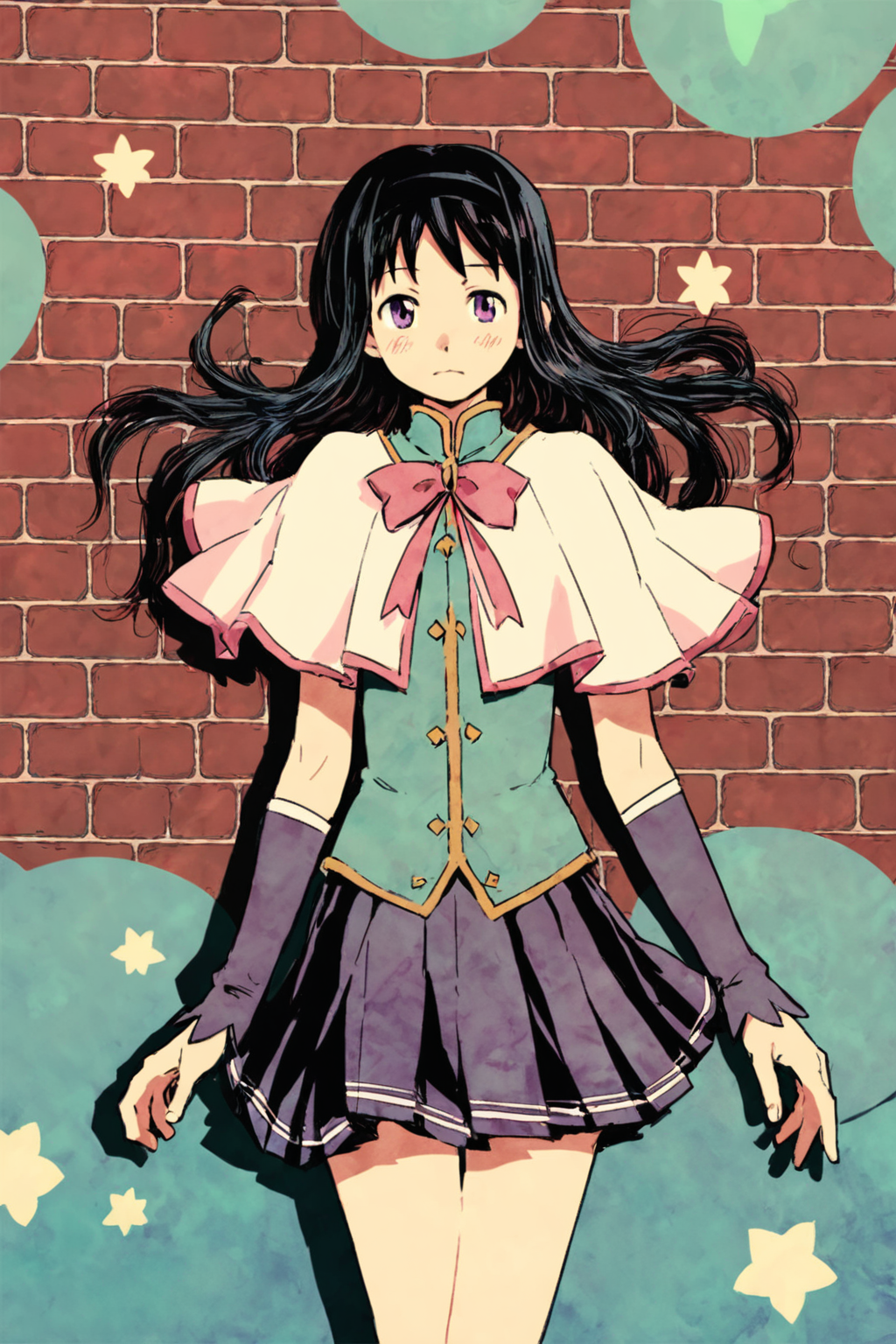 score_9, score_8_up, score_7_up, mahou shoujo madoka magica, akemi homura, black hair, black hairband, hairband, long hair, magical girl, pleated skirt, purple eyes, ribbon, skirt, solo, solo focus, cowboy shot, detailed background,high contrast,wide shot, , Resting against a brick wall, legs crossed, looking like a character from a film noir., <lora:godiva_color:1>