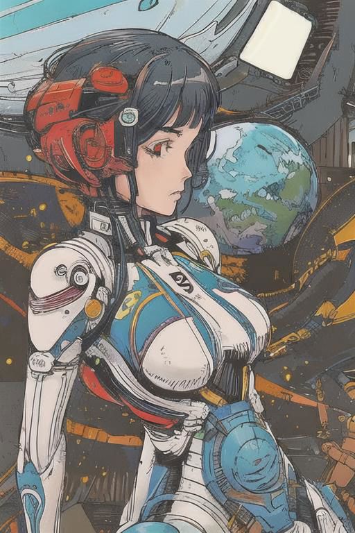 2d artwork, line artwork, comic aesthetics, 1girl, gorgeous, spacesuit mech, looking at viewer, surreal, breathtaking high-tech hardware background, line noise, ancient, retrofuturism, old comic paper, 1girl, beautiful face, spacesuit mech, short hair, red eyes, black epi-space-suit mech, earth, universe