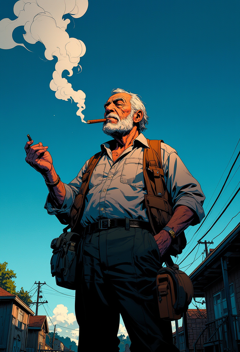 Detailed anime style, an old man smoking a cigar after hard labour day, tired, satisfied,  outside in the front yard, large white smoke in the wind, blue background, comics render, illustration, 2d character, (<lora:mhk_comics:1>), flat render, outline, master piece, intricate, (simple background, black background:1.5), rim lighting, dimlight