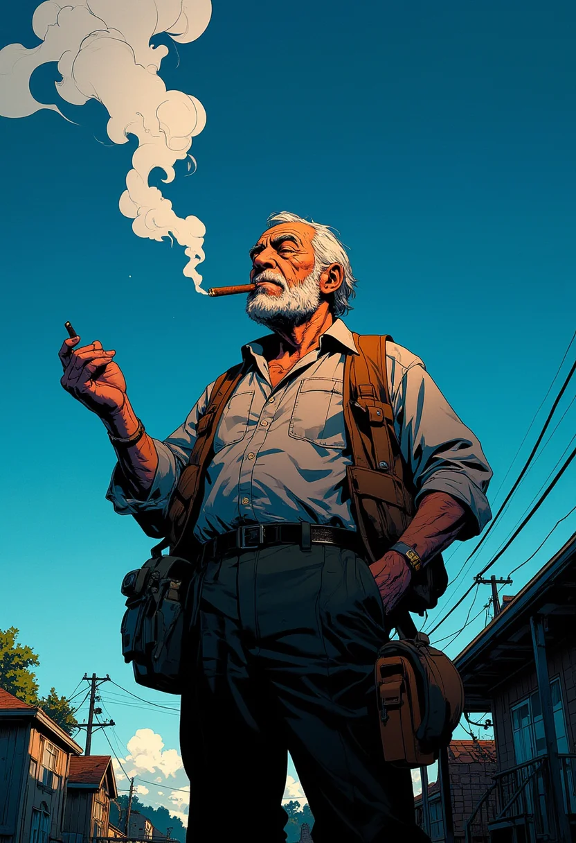 Detailed anime style, an old man smoking a cigar after hard labour day, tired, satisfied, outside in the front yard, large white smoke in the wind, blue background, comics render, illustration, 2d character, (<lora:mhk_comics:1>), flat render, outline, master piece, intricate, (simple background, black background:1.5), rim lighting, dimlight