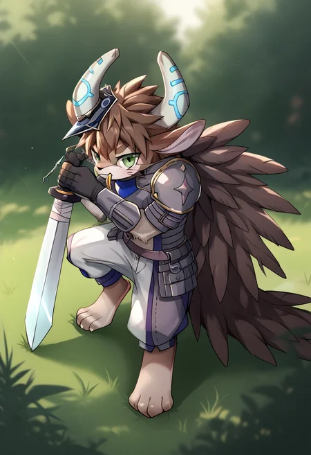 source_anime, res ,intricate details, high intricate details,
<lora:Beat_Blademaster_Fur_Hire_Yugioh-000001:1> beat_furhire, anthro hedgehog, brown body, male, ((wielding sword)), grass, ((armor)), zPDXL3, <lora:Pony_QualityV4.0:1.12> zPDXLxxx, zPDXLrl