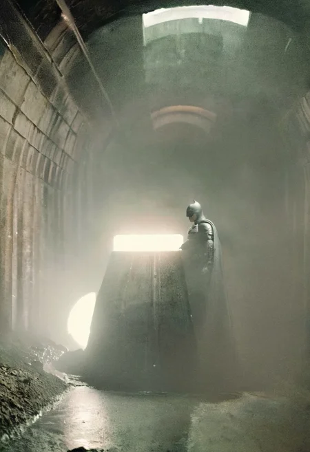 portrait, close up, batman, underground,in a large sewer pipe, looking at viewer, laughing, maniacal laughter, dark, chiaroscuro, low-key, low saturation