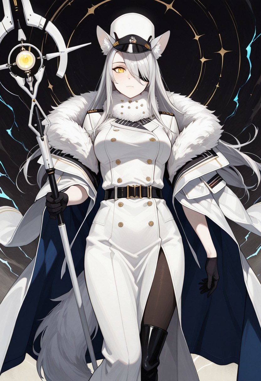 (score_9, score_8, score_7), masterwork, masterpiece, best quality, beautiful eyes, beautiful face, detailed eyes,detailed face, 1girl, silver hair, long hair, sidebangs, hair covering one eye, wolf ears, fluffy tail, yellow eyes, eyepatch, confident expression, pale skin, slim body, sharp gaze, white military-style coat, fur collar, double-breasted buttons, black belt, dark tights, white tall hat, black gloves, thigh-high boots, blue cloak lining, elegant, futuristic fantasy military style, floating mid-air, magical aura, staff glowing, powerful expression