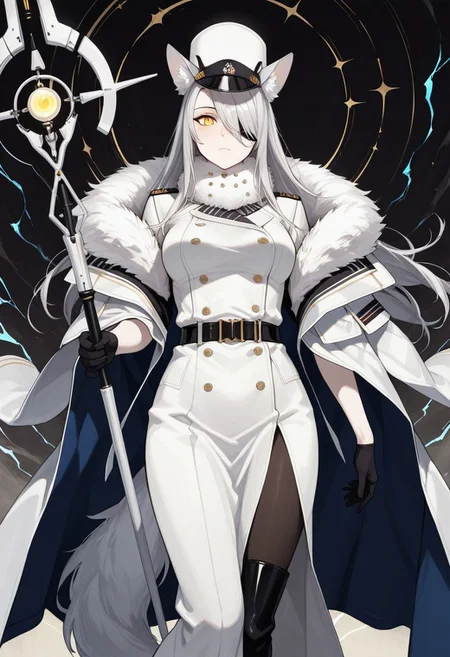 (score_9, score_8, score_7), masterwork, masterpiece, best quality, beautiful eyes, beautiful face, detailed eyes,detailed face, 1girl, silver hair, long hair, sidebangs, hair covering one eye, wolf ears, fluffy tail, yellow eyes, eyepatch, confident expression, pale skin, slim body, sharp gaze, white military-style coat, fur collar, double-breasted buttons, black belt, dark tights, white tall hat, black gloves, thigh-high boots, blue cloak lining, elegant, futuristic fantasy military style, floating mid-air, magical aura, staff glowing, powerful expression