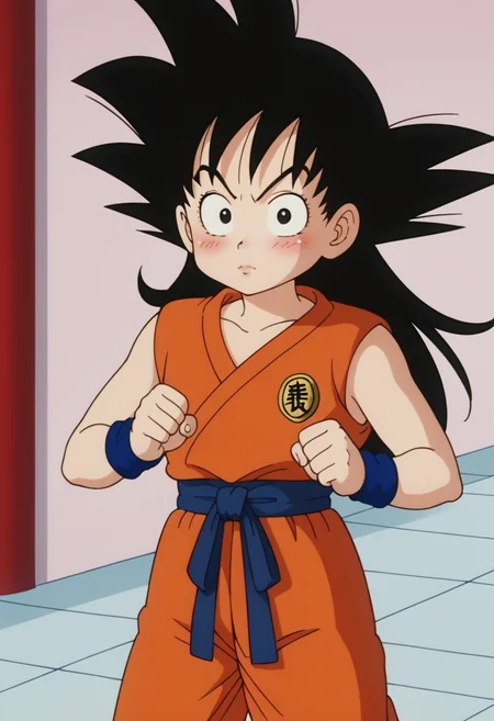 score_9, score_8_up, score_7_up , , source_anime, intricate details, masterpiece, high quality, prefect hands, best quality,, 1girl, solo, upper body , anime screencap,
,Martial Arts Tournament Stadium,
, GGoku , black hair, black eyes, big eyeballs , spiked hair , long hair , eyelash , lips , cute , blush , small breast , chibi , <lora:GGoku-000003:0.7>,
, cute pose ,
orange dougi, blue sash, blue wristband, sleeveless , orange pants, orange topwear,