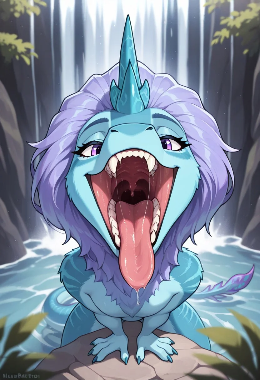 sisu_ratld dragon, tail, claws, double horn, blueish purple hair, blue fur, back dorsal fins, purple eyes, 1girl, long body, feral, v_mawshot, solo, bodily fluids, saliva, teeth, tongue out, looking at viewer, saliva string, waterfall, uvula, depth of field, detailed background, masterpiece, best quality, high quality, absurdres, highres, incredibly absurdres, newest, amazing quality, asteroid in the atmosphere
