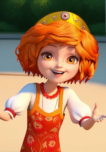 (zPDXL3), 1girl, solo, rooney, 1girl, solo, dress, red footwear, short sleeves, orange hair, freckles, necklace, jewelry, orange eyes, puffy sleeves, puffy short sleeves, smile, cinematic lighting, volumetric lighting,
detailed, perfect, perfection, hands, looking at viewer, smile, happy, fun, dynamic angle, dynamic pose, outdoors,
<lora:Rooney_-_Little_Tiaras:1>  <lora:hand 5.5:1>