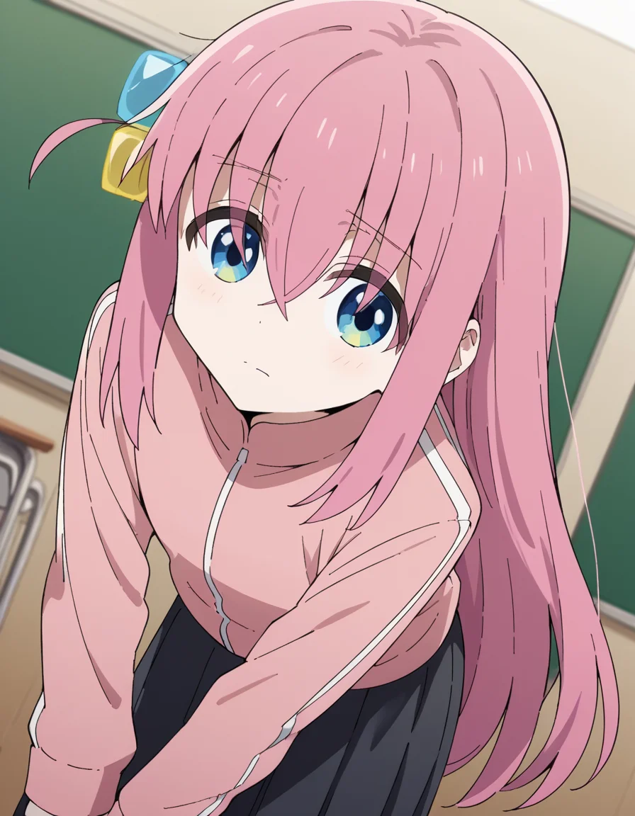 score_9, score_8_up, score_7_up, source_anime,
hitorigotou, <lora:hitori-gotou-s1-ponyxl-lora-nochekaiser:1>,
hitori gotou, blue eyes, cube hair ornament, hair between eyes, hair ornament, pink hair, one side up, long hair,
black skirt, jacket, long sleeves, pants, pants under skirt, pink jacket, pink pants, pleated skirt, skirt, track jacket, track pants, track suit,
indoors, classroom, bent over,
cowboy shot, solo, dutch angle, looking at viewer,