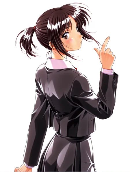 masterpiece,best quality,newest,
1girl,solo,
<lora:morii_kaho_ilxl_v1.0:1>,kaho,black hair,ponytail,brown eyes,k_clothes,jacket,long sleeves,pleated skirt,1990s \(style\),retro artstyle,
<lora:Fixhands_anime_bdsqlsz_V1:1>,simple_background,white_background,face_focus,light_blush,looking_at_viewer,cowboy_shot,standing,portrait,from behind,from_back,profile,kind_smile,pointing at viewer,