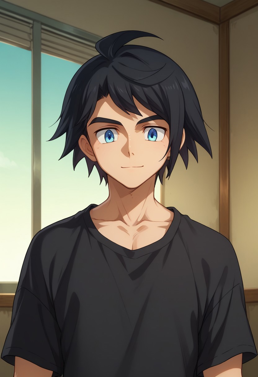score_9, score_8_up, score_7_up, source_anime, highly detailed, 
mikazuki, 1boy, male focus, solo, blue eyes, black hair, ahoge, closed mouth, smile, collarbone, looking down, black shirt, shirt, bangs, short hair, indoors, upper body, split mouth,
indoor, hangar,