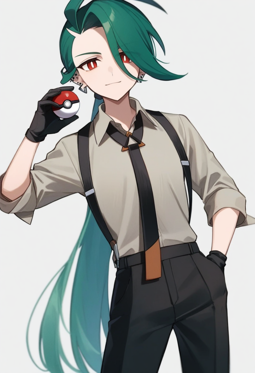masterpiece,best quality,very aesthetic,absurdresï¼<lora:rika_(pokemon):1>,1girl, simple_background, collared_shirt, hand_up, suspenders, poke_ball_\(basic\), reverse_trap, multiple_earrings, black_necktie, white_pupils, white_background, hand_in_pocket, rika_\(pokemon\), flat_chest, black_gloves, androgynous, grey_shirt, cowboy_shot, holding_poke_ball, commentary_request, black_pants, sleeves_past_elbows, solo