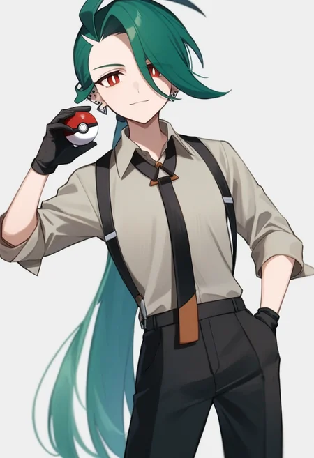 masterpiece,best quality,very aesthetic,absurdresï¼<lora:rika_(pokemon):1>,1girl, simple_background, collared_shirt, hand_up, suspenders, poke_ball_\(basic\), reverse_trap, multiple_earrings, black_necktie, white_pupils, white_background, hand_in_pocket, rika_\(pokemon\), flat_chest, black_gloves, androgynous, grey_shirt, cowboy_shot, holding_poke_ball, commentary_request, black_pants, sleeves_past_elbows, solo