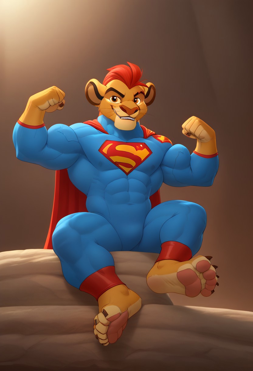 (((furry character, full body, cinematic setting, furry male, plantigrade))) 
(((Kion))) from lion guard, ((younger Kion, young face)), ((wearing tight black Superman costume, Superman suit, fullbody suit)), 1boy, solo, ((thick muscles, hyper muscular, defined muscles, defined abs, six pack abs, slim waist, tapered lats)), ((hyper growth, hyper muscular)), (((veiny arms, giant arms, huge biceps, disproportionate arms, hyper arms, massive biceps))), ((flexing)), (((tight toe boots))), (((sitting, showing off feet, lifting feet, showing off soles, nice detailed feet paws with paw pads and claws, muscular feet, huge feet, giant muscle feet, disproportionate feet))), (view from below, low angle), mark of the lion guard on (((left shoulder))), ((grinning, smirking)), ((sabertooth lion, fangs poking from lips, elongated canines, elongated fangs))
BREAK, intricate details, highly detailed, extreme detail, octane render, fine art, best quality, highres, (detailed face:1.5), ((full_body)), UHD, (((perfect hands))), low light,