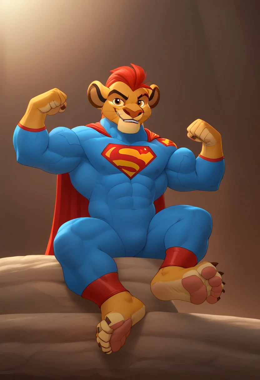 (((furry character, full body, cinematic setting, furry male, plantigrade)))
(((Kion))) from lion guard, ((younger Kion, young face)), ((wearing tight black Superman costume, Superman suit, fullbody suit)), 1boy, solo, ((thick muscles, hyper muscular, defined muscles, defined abs, six pack abs, slim waist, tapered lats)), ((hyper growth, hyper muscular)), (((veiny arms, giant arms, huge biceps, disproportionate arms, hyper arms, massive biceps))), ((flexing)), (((tight toe boots))), (((sitting, showing off feet, lifting feet, showing off soles, nice detailed feet paws with paw pads and claws, muscular feet, huge feet, giant muscle feet, disproportionate feet))), (view from below, low angle), mark of the lion guard on (((left shoulder))), ((grinning, smirking)), ((sabertooth lion, fangs poking from lips, elongated canines, elongated fangs))
BREAK, intricate details, highly detailed, extreme detail, octane render, fine art, best quality, highres, (detailed face:1.5), ((full_body)), UHD, (((perfect hands))), low light,